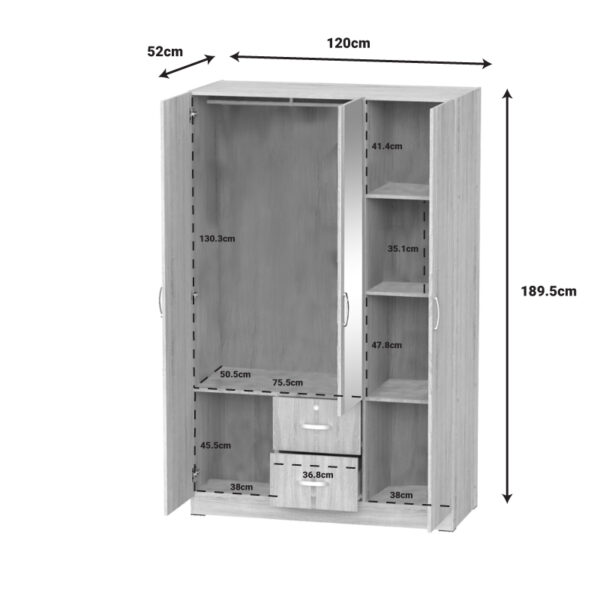 Ντουλάπα ρούχων τρίφυλλη Dillion pakoworld sonoma μελαμίνης 120x52x190εκ (x1) - Image 3