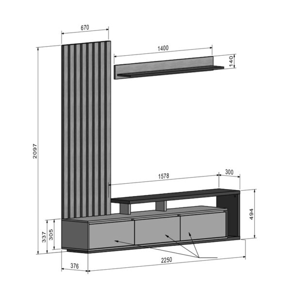 Σύνθετο σαλονιού Claironse pakoworld ανθρακί μελαμίνης 225x37.6x210εκ (x1) - Image 2