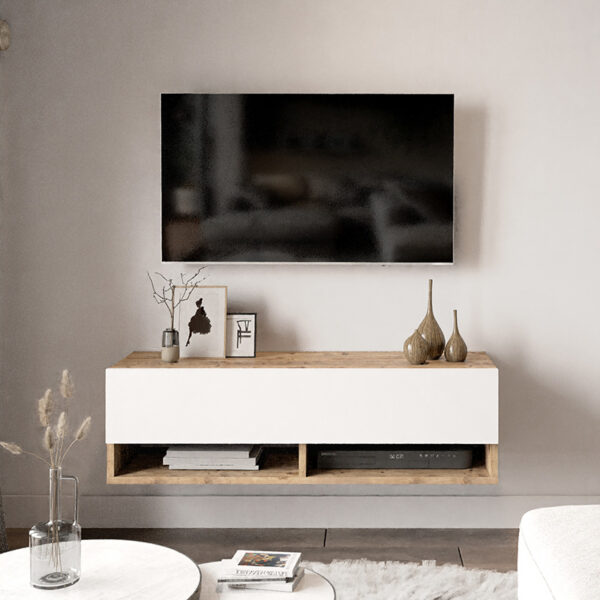 Έπιπλο τηλεόρασης επιτοίχιο Roscoe pakoworld λευκό-oak 100x31.5x29.5εκ (x1) - Image 3