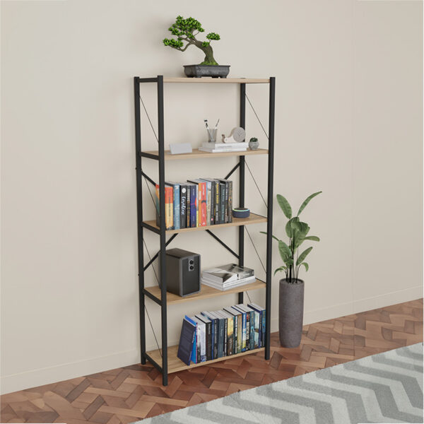 Βιβλιοθήκη Draizy pakoworld oak μελαμίνης-μαύρο μέταλλο 63x30x150εκ (x1)