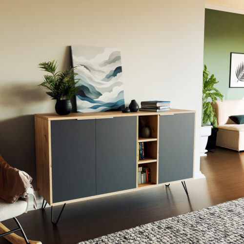 Μπουφές Clara pakoworld χρώμα light oak-ανθρακί 142x35.5x83εκ (x1)