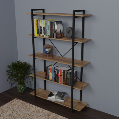 Βιβλιοθήκη Reson pakoworld oak μελαμίνης-μαύρο μέταλλο 120x34x180εκ (x1)