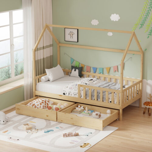Παιδικό κρεβάτι Piccolo τ.Montessori με 2 συρτάρια pakoworld ξύλο πεύκου σε φυσική απόχρωση 90x190εκ (x1)