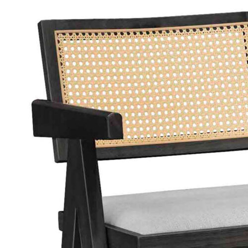 Σκαμπό bar Winslow pakoworld ξύλο rubberwood μαύρο-pvc rattan φυσικό-ύφασμα γκρι (x2)