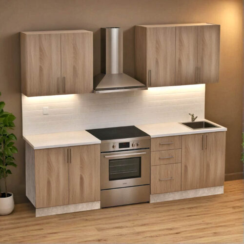 Σύνθεση κουζίνας Festa V pakoworld μελαμίνη σε sonoma απόχρωση και πάγκο σε ανοιχτό γκρι 180x60x85εκ (x1)