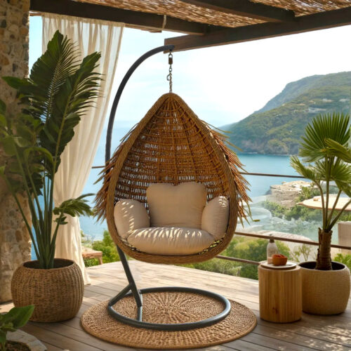 Κούνια φωλιά με βάση Varur pakoworld μέταλλο καφέ - pe rattan σε μπεζ απόχρωση 120x105x195εκ (x1)