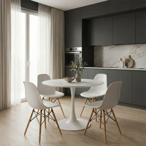 Tραπέζι Balou pakoworld mdf σε λευκή απόχρωση με όψη μαρμάρου Φ80x73εκ (x1)