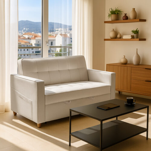 Καναπές-κρεβάτι Commit pakoworld 2θέσιος ύφασμα σε μπεζ-γκρι απόχρωση 142x93x90εκ (x1)