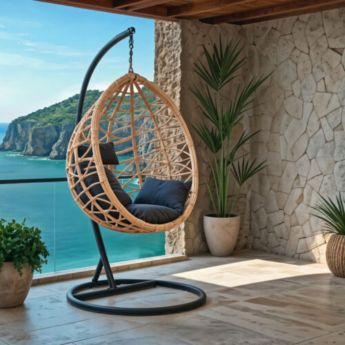 Κούνια Hudson pakoworld κρεμαστή μέταλλο μαύρο-pp φυσικό-μαξιλάρι μαύρο 109x119x195εκ (x1)