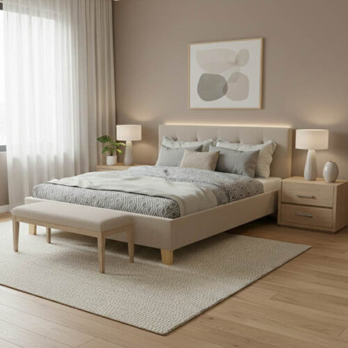 Κρεβάτι Mago pakoworld ύφασμα σε εκρού απόχρωση με φυσικό ξύλινο πόδι 160x200εκ (x1)