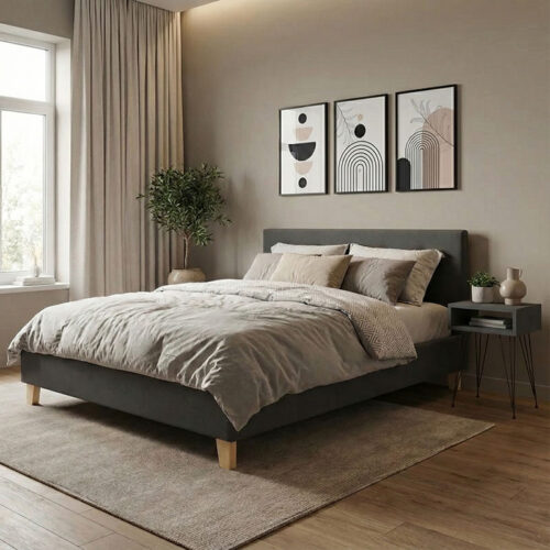 Κρεβάτι Mago pakoworld ύφασμα σε ανθρακί απόχρωση με ξύλινο πόδι 160x200εκ (x1)