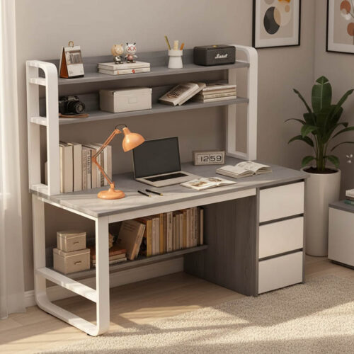 Γραφείο Soco pakoworld με ραφιέρα-MDF γκρι-λευκό 120x50x147εκ (x1)