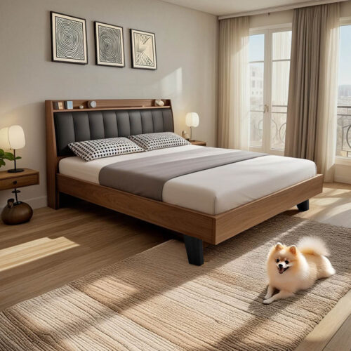 Κρεβάτι Frankly pakoworld mdf-pu σε καρυδί-μαύρο απόχρωση 150x200εκ (x1)