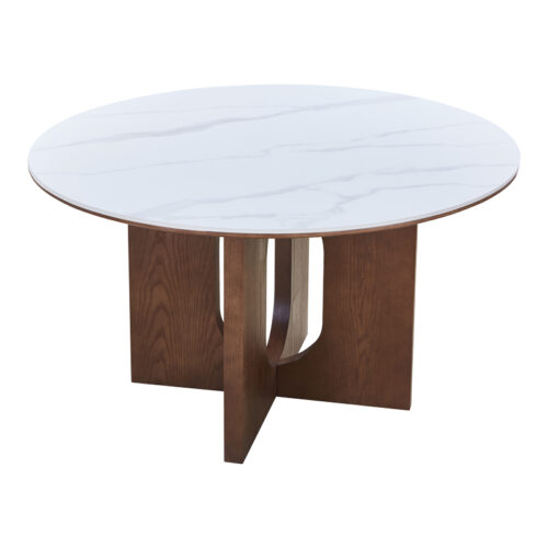 Τραπέζι Merge pakoworld sintered stone-mdf σε λευκό μαρμάρου με καρυδί βάση Φ130x75εκ (x1)
