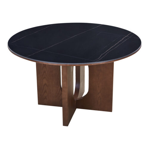 Τραπέζι Merge pakoworld sintered stone-mdf σε μαύρο μαρμάρου με καρυδί βάση Φ130x75εκ (x1)