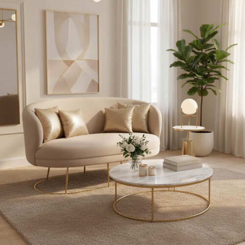 Καναπές διθέσιος Rony pakoworld βελούδο μπεζ-πόδι χρυσό μέταλλο 135x75x85εκ (x1)