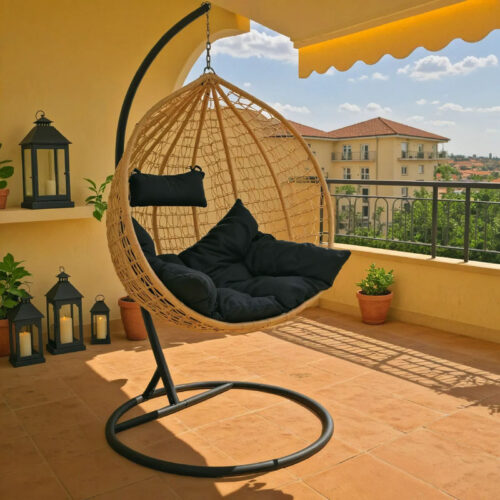 Κούνια Zafer pakoworld κρεμαστή pp σε φυσικό χρώμα και μαύρο μέταλλο 106x103x200εκ (x1)