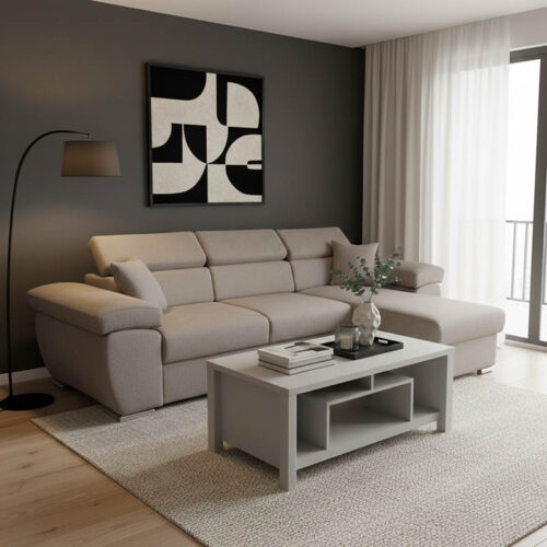 Γωνιακός καναπές-κρεβάτι αναστρέψιμος Comy pakoworld μπεζ-γκρι 286x160x75-90εκ (x1)