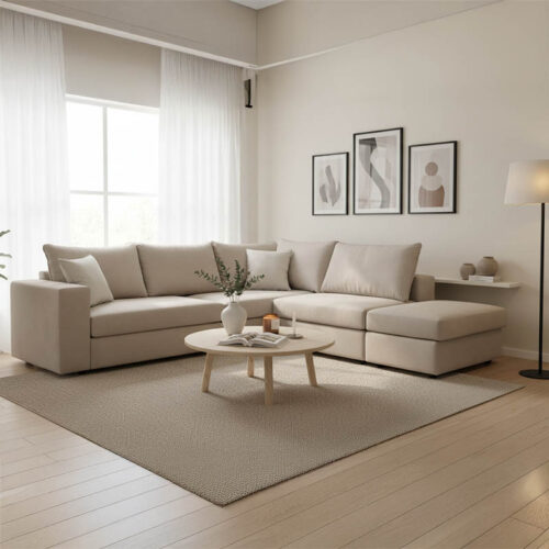 Πολυμορφικός-αναστρέψιμος καναπές London pakoworld γκρι-μπεζ ύφασμα με μαξιλάρια σε απόχρωση ανοιχτό γκρι 296x246x95εκ (x1)