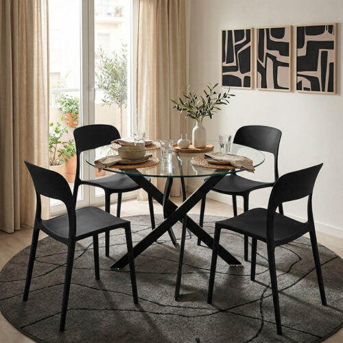 Τραπέζι Antoro pakoworld γυαλί και μεταλλικά πόδια σε μαύρη απόχρωση Φ80x75εκ (x1)