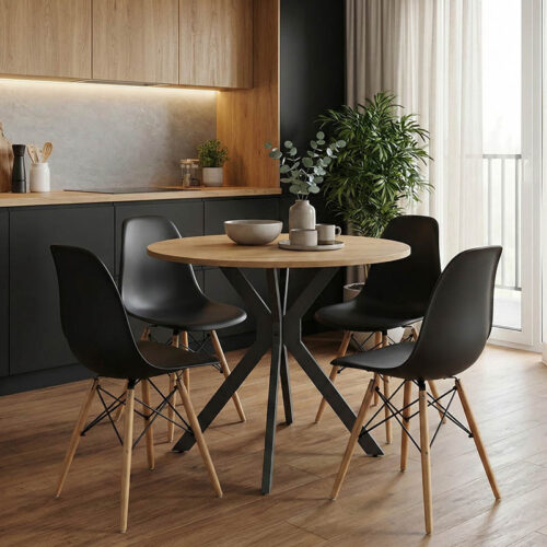 Τραπέζι Xuson pakoworld φυσικό mdf-πόδι μαύρο μέταλλο Φ80x75εκ (x1)