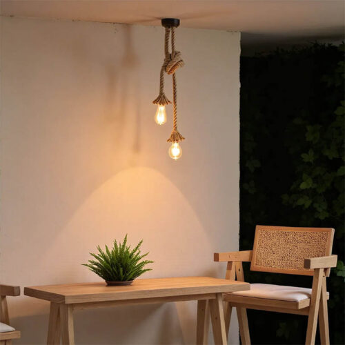 Φωτιστικό οροφής δίφωτο Ropily Ι pakoworld φυσικό μέταλλο-σχοινί Φ2x100εκ (x1)