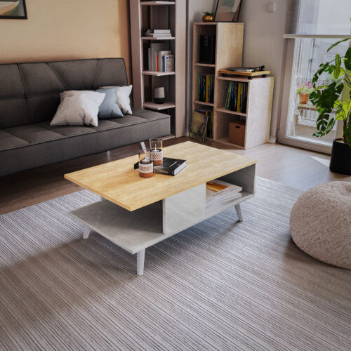 Τραπέζι σαλονιού Moses pakoworld χρώμα sonoma-λευκό μαρμάρου 90x54x37.5εκ (x1)