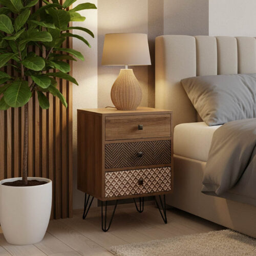 Κομοδίνο Boho pakoworld με 3 συρτάρια καρυδί με μεταλλικά πόδια 40x40x59εκ (x1)