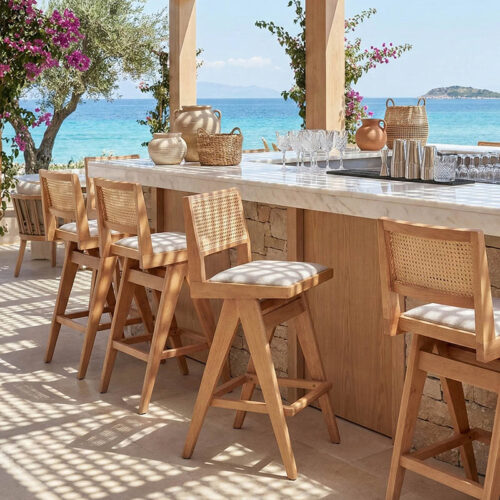 Σκαμπό bar Winslow pakoworld ξύλο rubberwood ανοικτό καρυδί-pvc rattan φυσικό-ύφασμα γκρι 44.5x46x98εκ (x2)