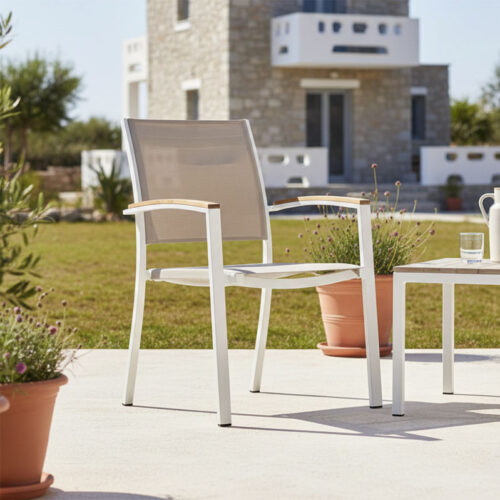 Πολυθρόνα Azelie pakoworld αλουμινίου σε απόχρωση textilene μπεζ και πόδι λευκό 56x75x88εκ (x1)