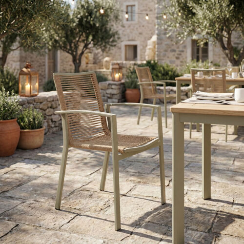 Πολυθρόνα Jonian pakoworld στοιβαζόμενη σαμπανιζέ αλουμίνιο-textilene σε φυσική απόχρωση 57x63x83εκ (x1)