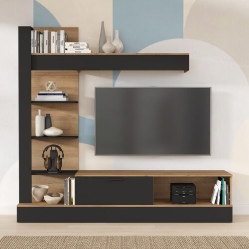 Σύνθετο σαλονιού Dranko pakoworld μαύρο-oak μελαμίνης 205x41.5x192εκ (x1)