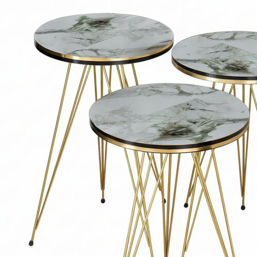 Βοηθητικά τραπέζια Wakmi pakoworld σετ 3τεμ λευκό μπεζ μαρμάρου μελαμίνης-χρυσό μέταλλο (x1)