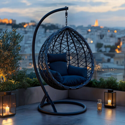 Κούνια φωλιά με βάση Lyere pakoworld μέταλλο ανθρακί pe rattan σε γκρι απόχρωση 120x108x195εκ (x1)