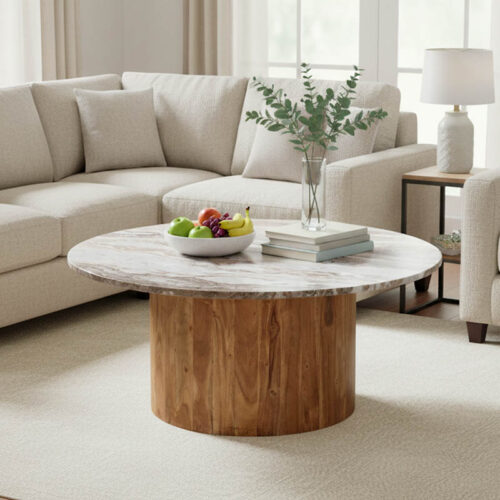 Τραπέζι σαλονιού Sergy pakoworld μασίφ ξύλο ακακίας σε φυσική απόχρωση με επιφάνεια μαρμάρου Φ90x40εκ (x1)