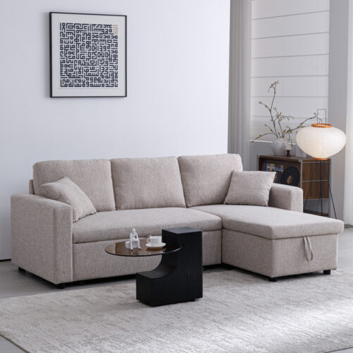 Γωνιακός αναστρέψιμος καναπές κρεβάτι Kamore pakoworld με αποθηκευτικό χώρο μπεζ ύφασμα 223x146x85εκ (x1)