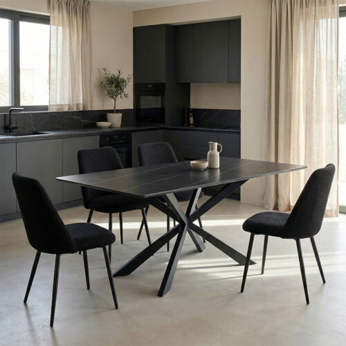 Τραπέζι Mattias pakoworld sintered stone μαύρη όψη μαρμάρου με μαύρα μεταλλικά πόδια 180x90x75εκ (x1)