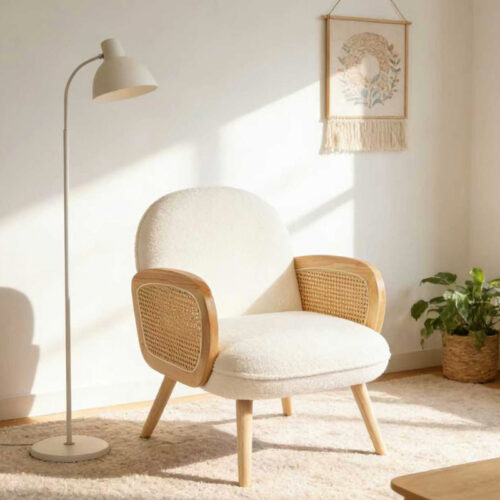 Πολυθρόνα Stedy pakoworld λευκό μπουκλέ ύφασμα με πόδι σε φυσική απόχρωση 78x64x82εκ (x1)