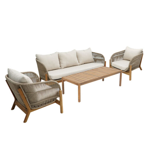 Σαλόνι εξωτερικού χώρου Verilan pakoworld μασίφ ξύλο ακακίας με σχοινί και μπεζ μαξιλάρια (x1)