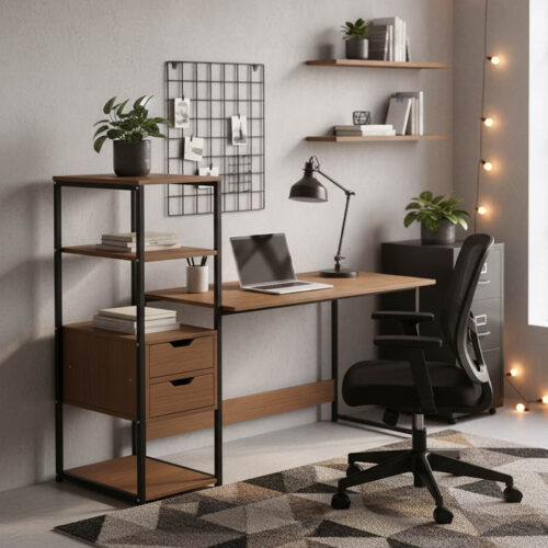 Γραφείο Zayn ΙΙ pakoworld με ραφιέρα-MDF καρυδί-μαύρο 107x40x110εκ (x1)