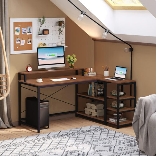 Γραφείο γωνιακό αναστρέψιμο Tebul pakoworld MDF-metal σε καρυδί απόχρωση 130x60x88εκ (x1)