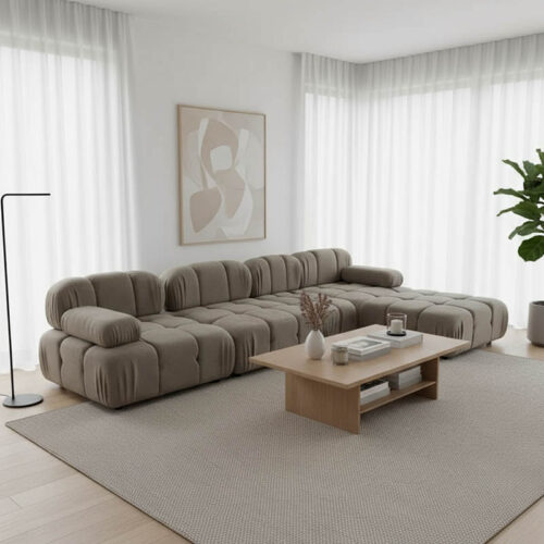 Kαναπές τριθέσιος με σκαμπό Hypnotic I pakoworld ύφασμα με μαξιλάρια σε γκρι-μπεζ απόχρωση 294x196x76εκ (x1)