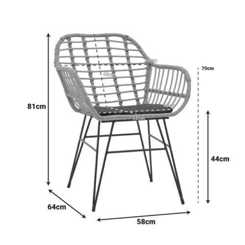 Πολυθρόνα Naoki pakoworld rattan σε φυσική απόχρωση με μαύρο μαξιλάρι και μεταλλικό μαύρο πόδι 58x64x81εκ (x1)