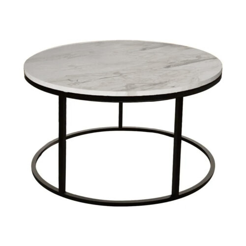 Τραπέζι σαλονιού Sikele pakoworld λευκή όψη μαρμάρου και μαύρα μεταλλικά πόδια Φ60x40εκ (x1)