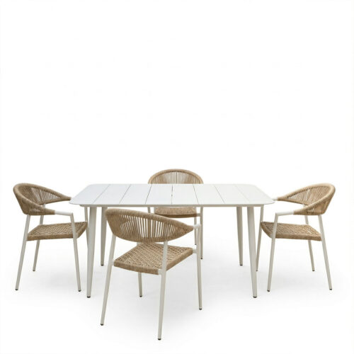 Τραπεζαρία Ammos Vista pakoworld σετ 5τεμ λευκό αλουμίνιο με PE σχοινί σε φυσική απόχρωση 150x80x72εκ (x1)