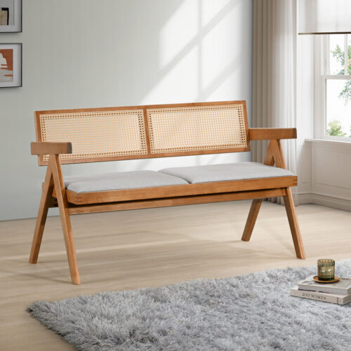 Καναπές Winslow pakoworld διθέσιος ξύλο rubberwood σε ανοιχτό καρυδί χρώμα-ύφασμα ανοιχτό γκρι 130x60x77.5εκ (x1)