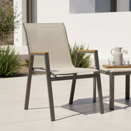 Πολυθρόνα Azelie pakoworld στοιβαζόμενη σαμπανιζέ αλουμίνιο και textilene σε ανοιχτή γκρι απόχρωση 56x75x88εκ (x1)