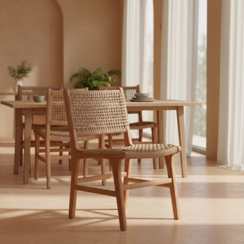 Καρέκλα Sponze pakoworld σκελετός teak ξύλο- pe σχοινί σε φυσική απόχρωση 50x58.5x85εκ (x1)