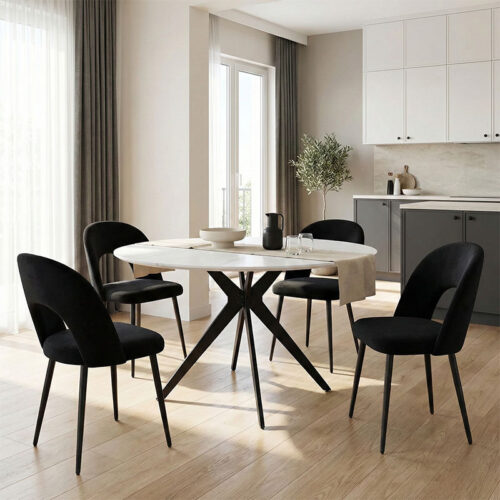 Τραπέζι Orbital pakoworld sintered stone λευκή όψη μαρμάρου με μαύρα μεταλλικά πόδια Φ120x76εκ (x1)