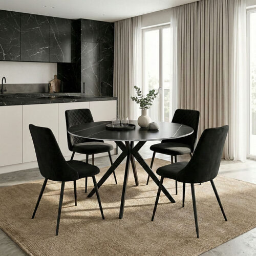 Τραπέζι Orbital pakoworld sintered stone μαύρη όψη μαρμάρου με μαύρα μεταλλικά πόδια Φ120x76εκ (x1)